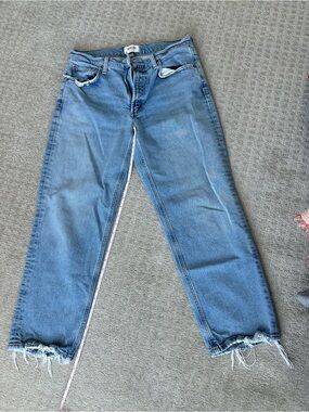Agolde Light Blue Straight Leg Jeans with Frayed Hem